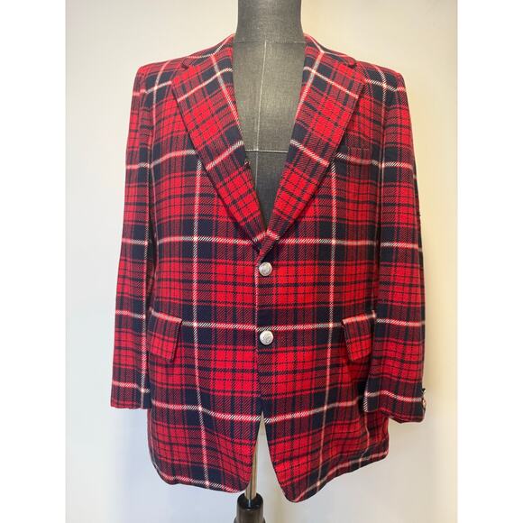 Lebow 100% Cashmere Red Blue Plaid 2 Button Vintage Suit Jacket Size 43 JL - Picture 1 of 16